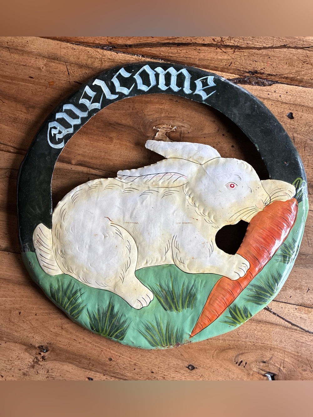 Large Vintage White Bunny Rabbit Wall Plaque with Orange Carrot Metal 19 inch